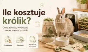 Ile kosztuje królik? Obraz przedstawia słodkiego królika otoczonego akcesoriami do jego pielęgnacji, sugerując koszty zakupu, wyprawki i utrzymania.