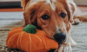 Złoty retriever z pluszową dynią, zastanawia się, czy pies może jeść pestki dyni.