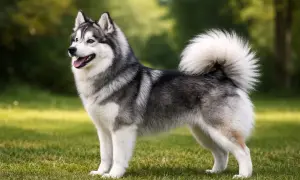 Pomsky z puszystym ogonem stoi na trawie.