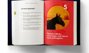 Czarna głowa konia na tle czerwonej strony książki z żółtym okręgiem i liczbą 5.
