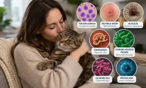 Kobieta tuli kota, a obok grafiki przedstawiające choroby od kota: toksoplazmozę, grzybicę, kleszcze, tokarozę, chorobę kociego pazura, salmonellę i wściekliznę.