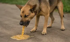 Pies wymiotuje niestrawionym jedzeniem na ziemi.