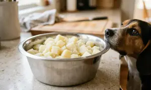 Pies wpatruje się w miskę z pokrojonymi ziemniakami, zastanawiając się, czy pies może jeść ziemniaki.