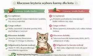 Koty potrzebują karmy bogatej w białko zwierzęce. Unikaj zbóż i sztucznych dodatków. Wybieraj mokrą karmę dla lepszego nawodnienia.
