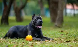 Potężny pies rasy cane corso leży na trawie obok pomarańczowej piłki. Jego waga jest imponująca, świadczy o sile i zdrowiu.