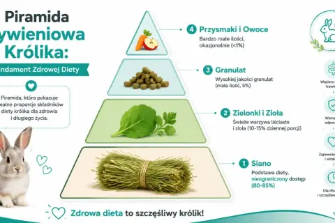 Piramida żywieniowa królika: Siano to podstawa, zielonki i zioła, granulat, a okazjonalnie jabłko i inne owoce.