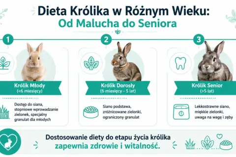 Trzy króliki: młody, dorosły i senior, z opisami ich diet.