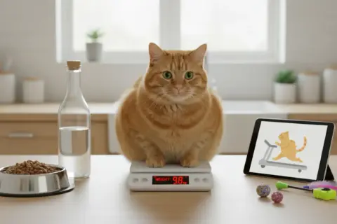 Gruby rudy kot siedzi na wadze, obok miska z karmą, butelka wody i tablet z animacją kota na bieżni.