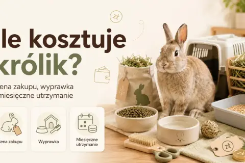 Ile kosztuje królik? Obraz przedstawia słodkiego królika otoczonego akcesoriami do jego pielęgnacji, sugerując koszty zakupu, wyprawki i utrzymania.