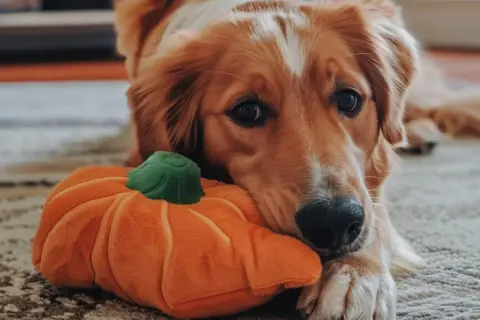 Złoty retriever z pluszową dynią, zastanawia się, czy pies może jeść pestki dyni.
