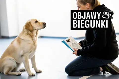 Labrador siedzi, słuchając właścicielki czytającej o objawach biegunki u psa i domowych sposobach radzenia sobie z nią.