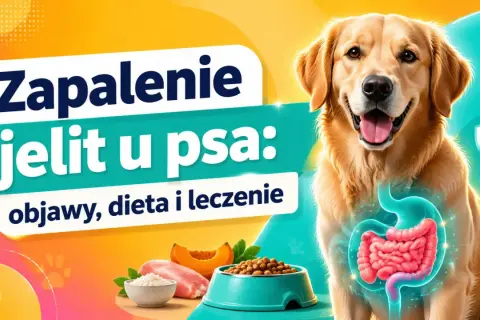 Zapalenie jelit u psa: objawy, dieta i leczenie. Zdrowy piesek z widocznym układem pokarmowym, miska karmy i składniki odżywcze.