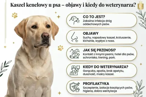 Labrador z objawami kaszlu kenelowego u psa. Informacje o przyczynach, objawach, przenoszeniu, kiedy do weterynarza i profilaktyce.