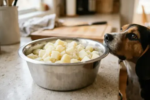 Pies wpatruje się w miskę z pokrojonymi ziemniakami, zastanawiając się, czy pies może jeść ziemniaki.