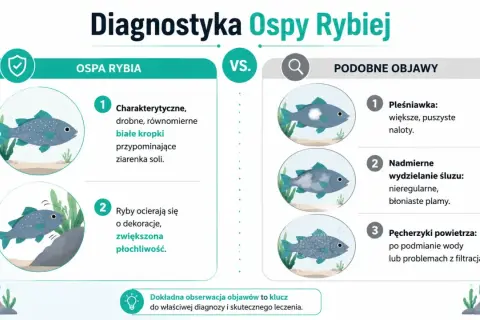 Ospa rybia: drobne białe kropki jak ziarenka soli, ryby ocierają się o dekoracje. Podobne objawy: pleśniawka, nadmierny śluz, pęcherzyki powietrza.