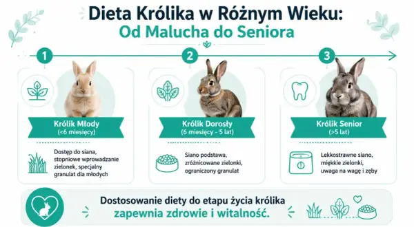 Trzy króliki: młody, dorosły i senior, z opisami ich diet.