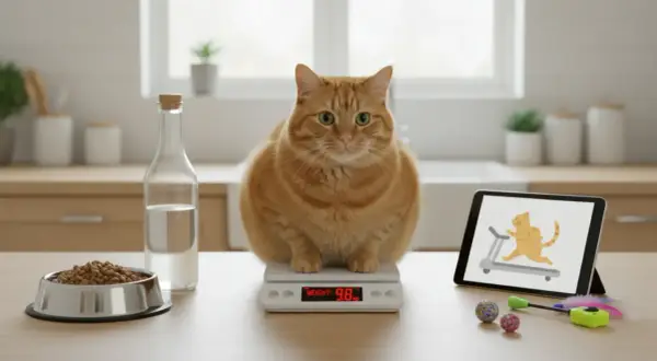 Gruby rudy kot siedzi na wadze, obok miska z karmą, butelka wody i tablet z animacją kota na bieżni.