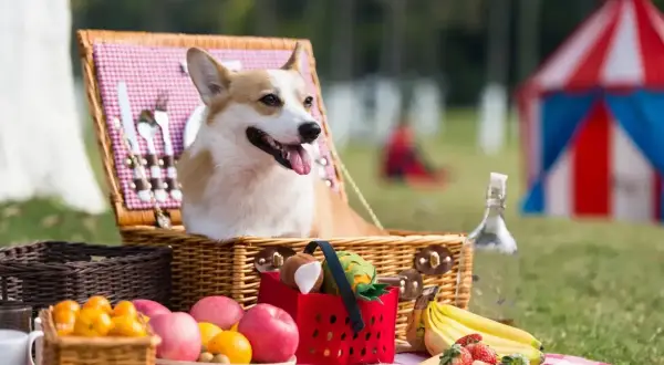 Radosny corgi w koszyku piknikowym, gotowy na dzień psa. W tle namiot cyrkowy i owoce.