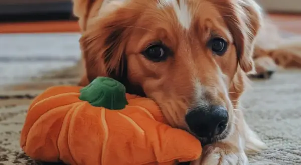 Złoty retriever z pluszową dynią, zastanawia się, czy pies może jeść pestki dyni.