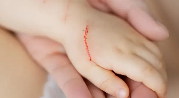 Dziecięca dłoń z czerwoną, krwawiącą raną po zadrapaniu.