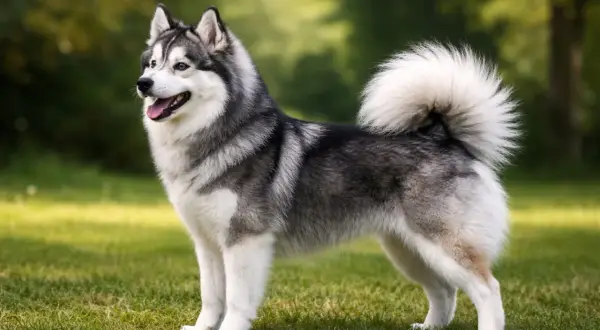 Pomsky z puszystym ogonem stoi na trawie.