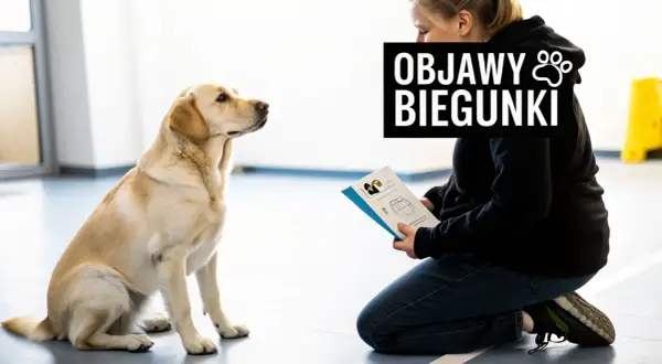 Labrador siedzi, słuchając właścicielki czytającej o objawach biegunki u psa i domowych sposobach radzenia sobie z nią.