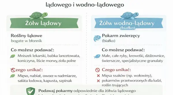 Ilustracja porównująca dietę żółwia lądowego i wodno-lądowego, z listami dozwolonych i zakazanych pokarmów.