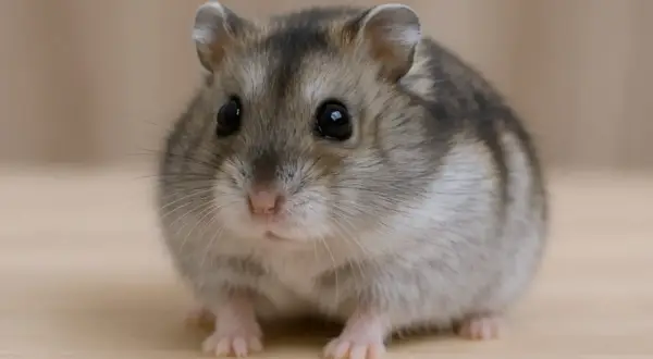 Mały chomik dżungarski z czarnymi oczami siedzi na drewnianym tle.