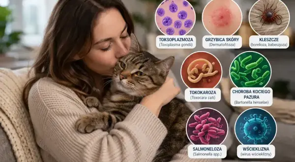 Kobieta tuli kota, a obok grafiki przedstawiające choroby od kota: toksoplazmozę, grzybicę, kleszcze, tokarozę, chorobę kociego pazura, salmonellę i wściekliznę.