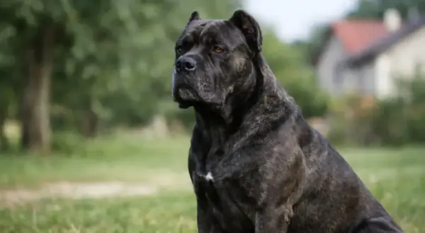 Siedzący pies rasy Cane Corso w brązowo-czarne pręgi na trawie, z rozmytym tłem.