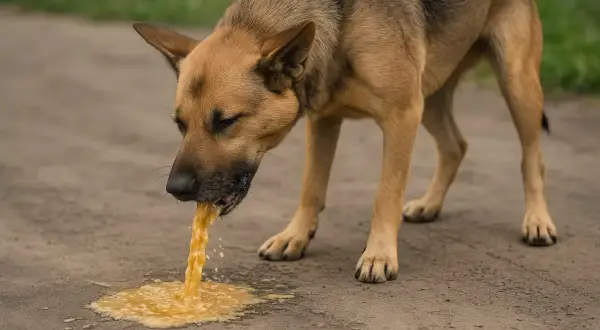 Pies wymiotuje niestrawionym jedzeniem na ziemi.