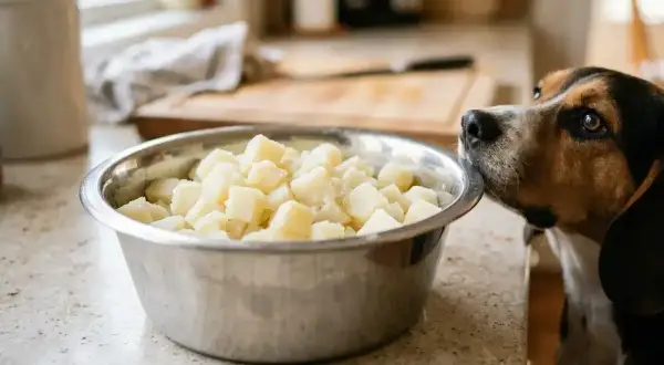 Pies wpatruje się w miskę z pokrojonymi ziemniakami, zastanawiając się, czy pies może jeść ziemniaki.