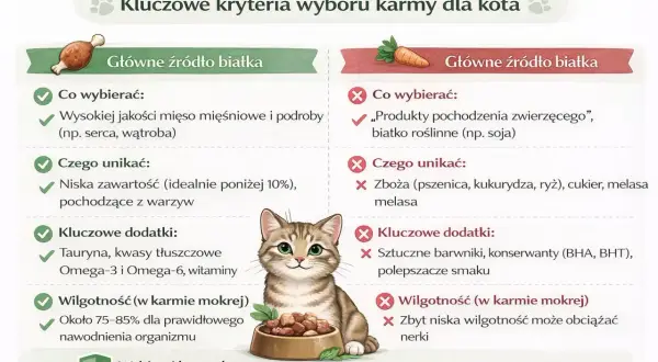 Koty potrzebują karmy bogatej w białko zwierzęce. Unikaj zbóż i sztucznych dodatków. Wybieraj mokrą karmę dla lepszego nawodnienia.