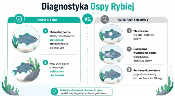 Ospa rybia: drobne białe kropki jak ziarenka soli, ryby ocierają się o dekoracje. Podobne objawy: pleśniawka, nadmierny śluz, pęcherzyki powietrza.