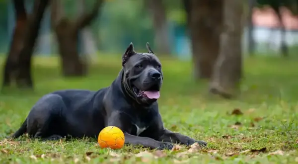 Potężny pies rasy cane corso leży na trawie obok pomarańczowej piłki. Jego waga jest imponująca, świadczy o sile i zdrowiu.
