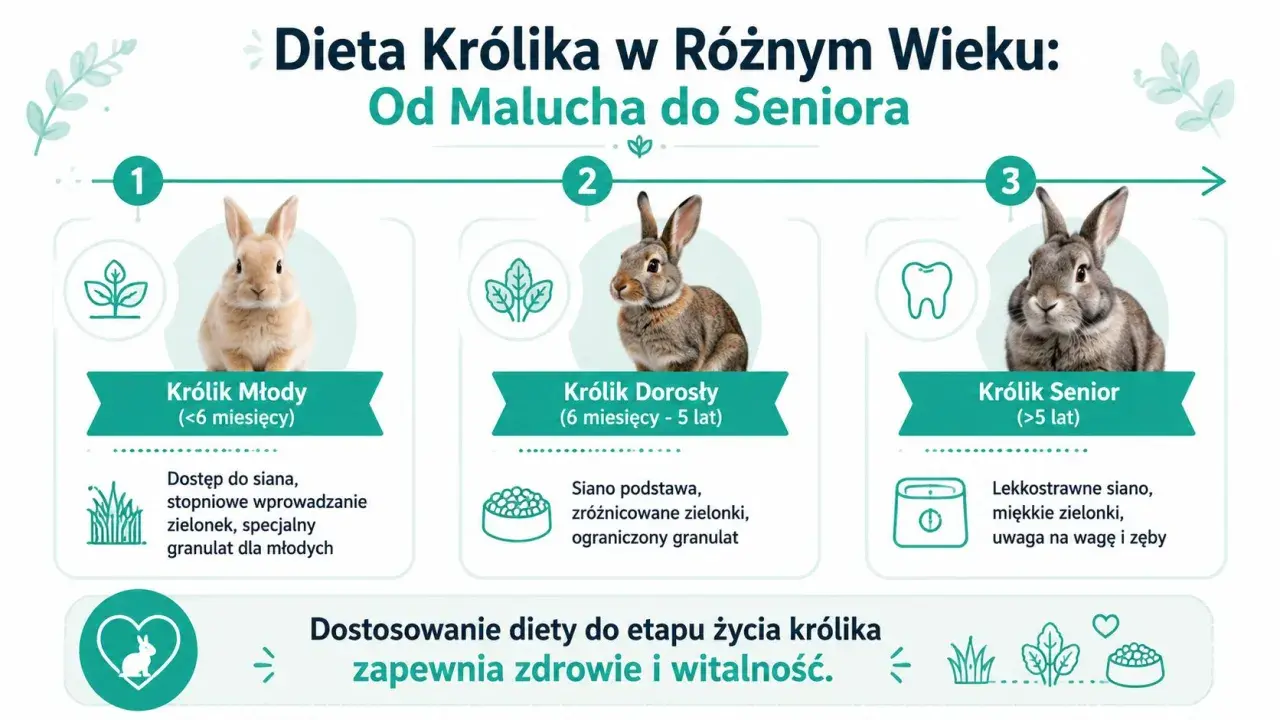 Trzy króliki: młody, dorosły i senior, z opisami ich diet.