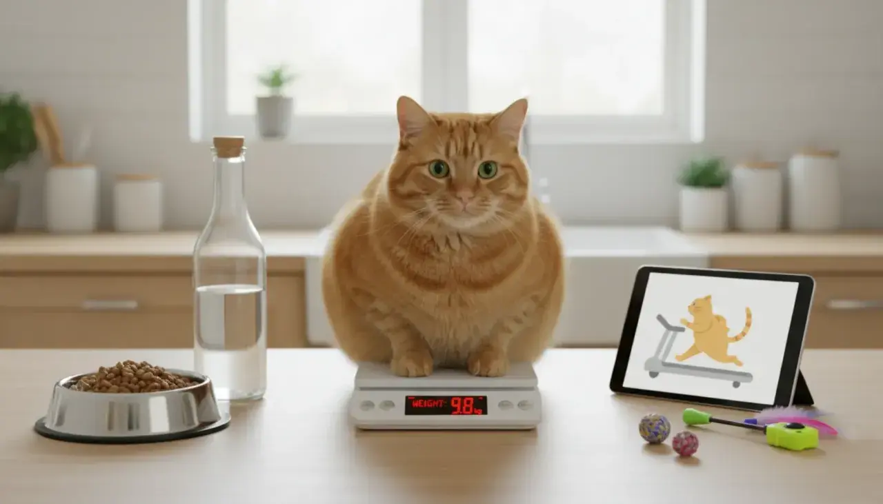 Gruby rudy kot siedzi na wadze, obok miska z karmą, butelka wody i tablet z animacją kota na bieżni.