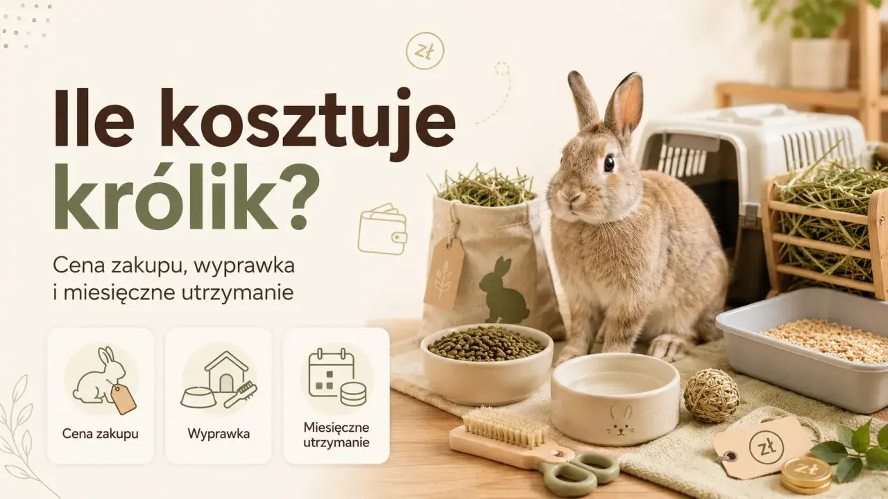 Ile kosztuje królik? Obraz przedstawia słodkiego królika otoczonego akcesoriami do jego pielęgnacji, sugerując koszty zakupu, wyprawki i utrzymania.