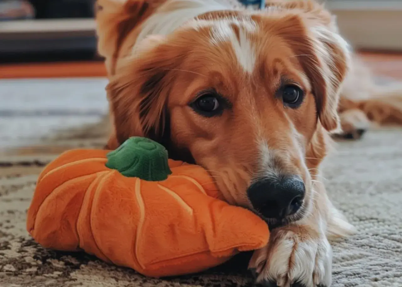 Złoty retriever z pluszową dynią, zastanawia się, czy pies może jeść pestki dyni.