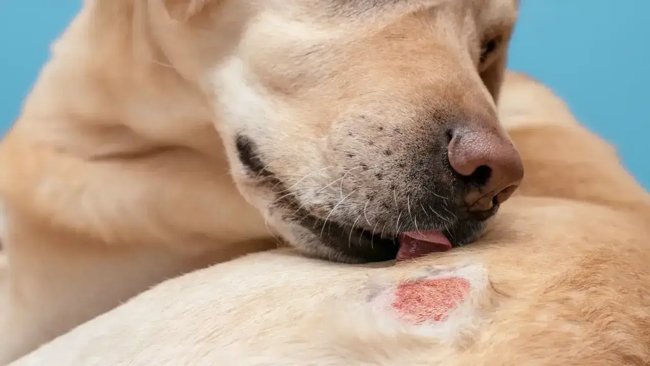 Labrador liże zaczerwienioną, podrażnioną skórę, co może wskazywać na choroby skóry u psa.