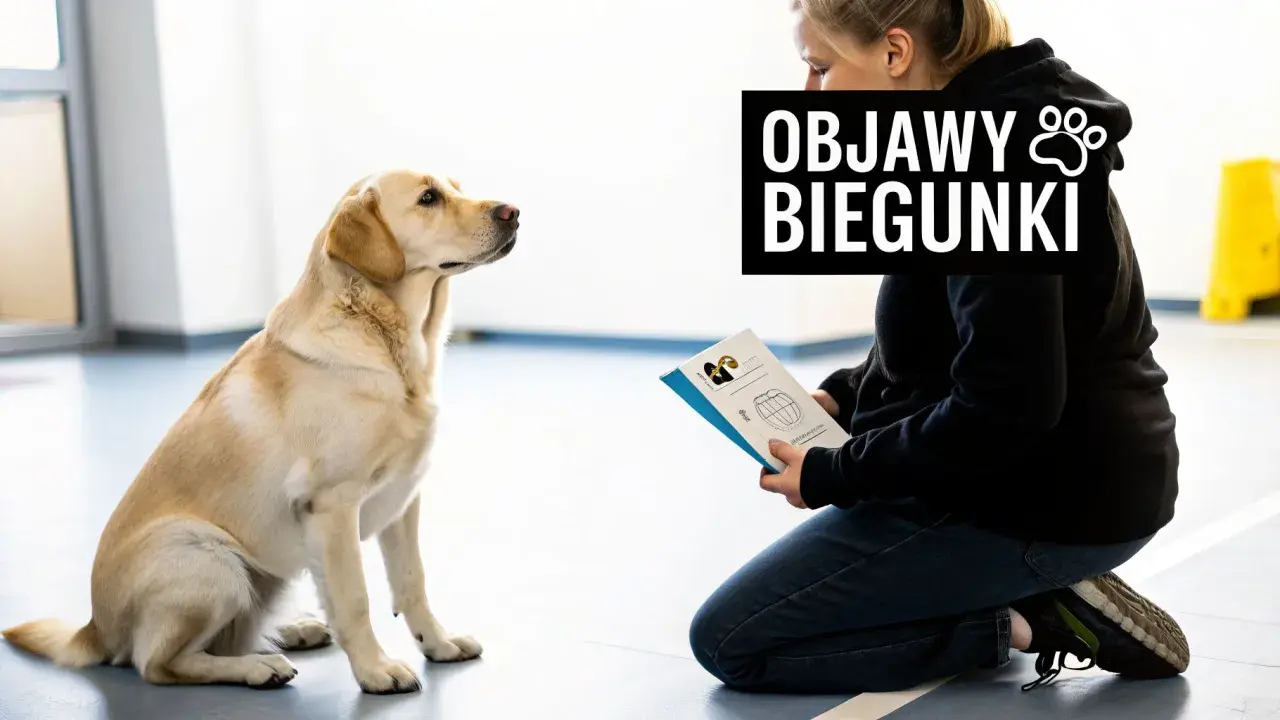 Labrador siedzi, słuchając właścicielki czytającej o objawach biegunki u psa i domowych sposobach radzenia sobie z nią.