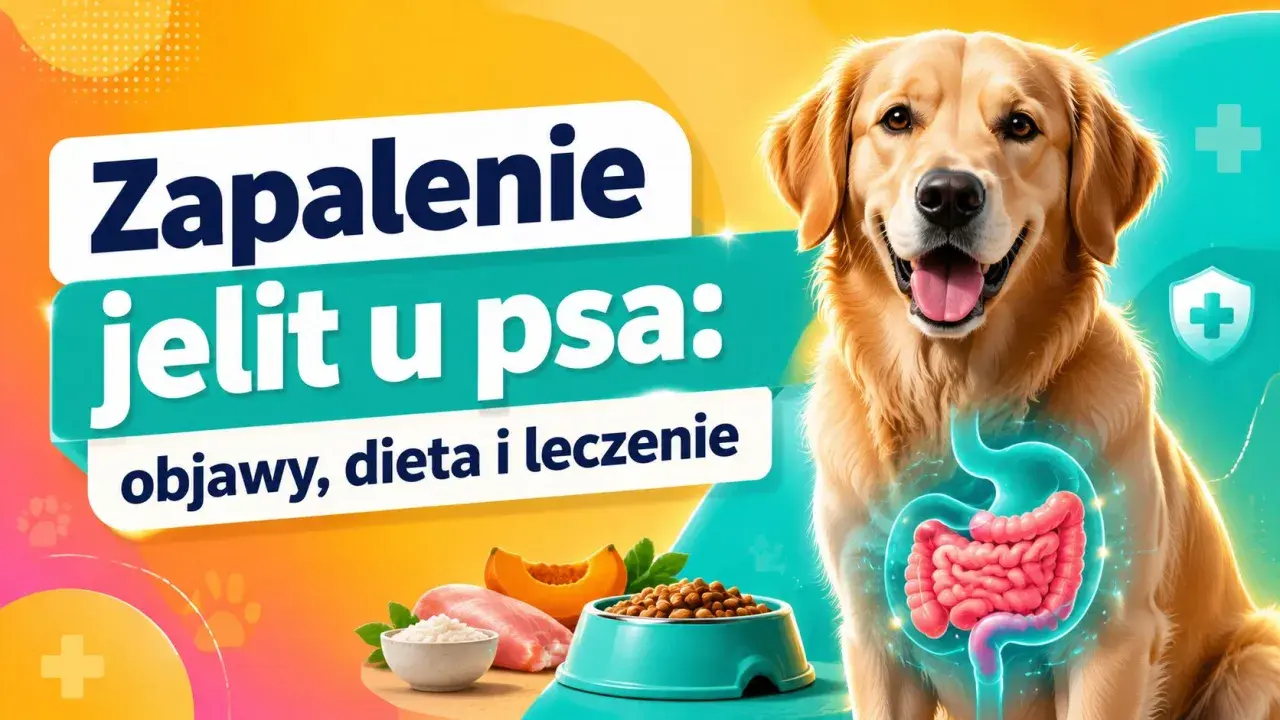 Zapalenie jelit u psa: objawy, dieta i leczenie. Zdrowy piesek z widocznym układem pokarmowym, miska karmy i składniki odżywcze.