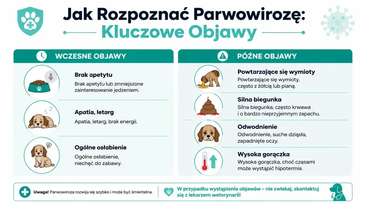 Wczesne i późne objawy parwowirozy u psów: brak apetytu, apatia, wymioty, biegunka, odwodnienie, gorączka.
