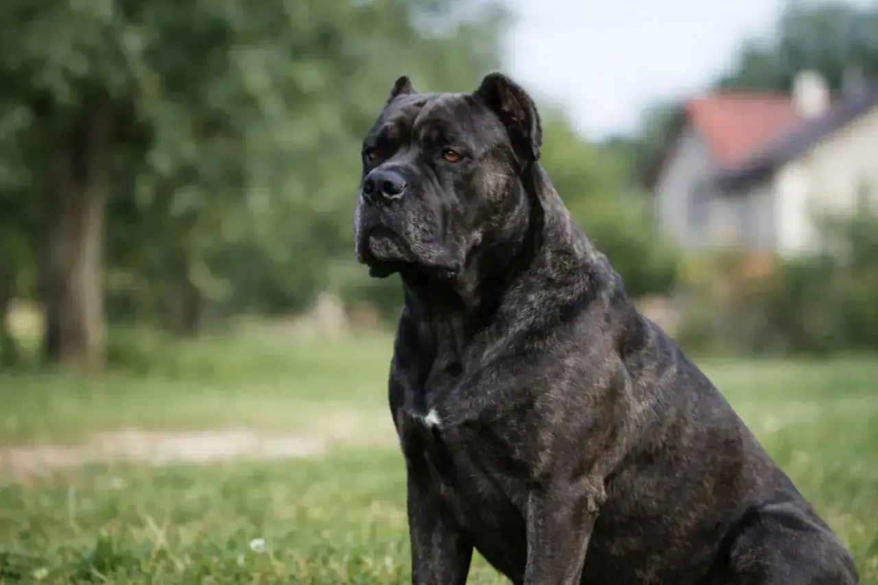 Siedzący pies rasy Cane Corso w brązowo-czarne pręgi na trawie, z rozmytym tłem.