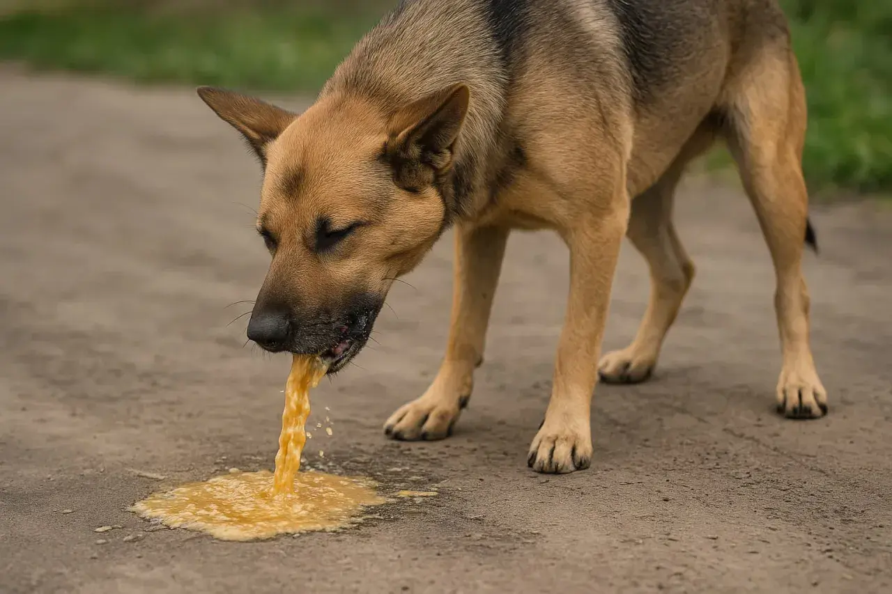Pies wymiotuje niestrawionym jedzeniem na ziemi.