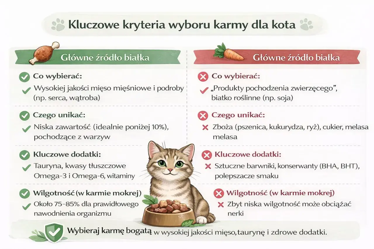 Koty potrzebują karmy bogatej w białko zwierzęce. Unikaj zbóż i sztucznych dodatków. Wybieraj mokrą karmę dla lepszego nawodnienia.