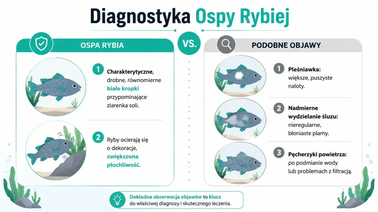 Ospa rybia: drobne białe kropki jak ziarenka soli, ryby ocierają się o dekoracje. Podobne objawy: pleśniawka, nadmierny śluz, pęcherzyki powietrza.