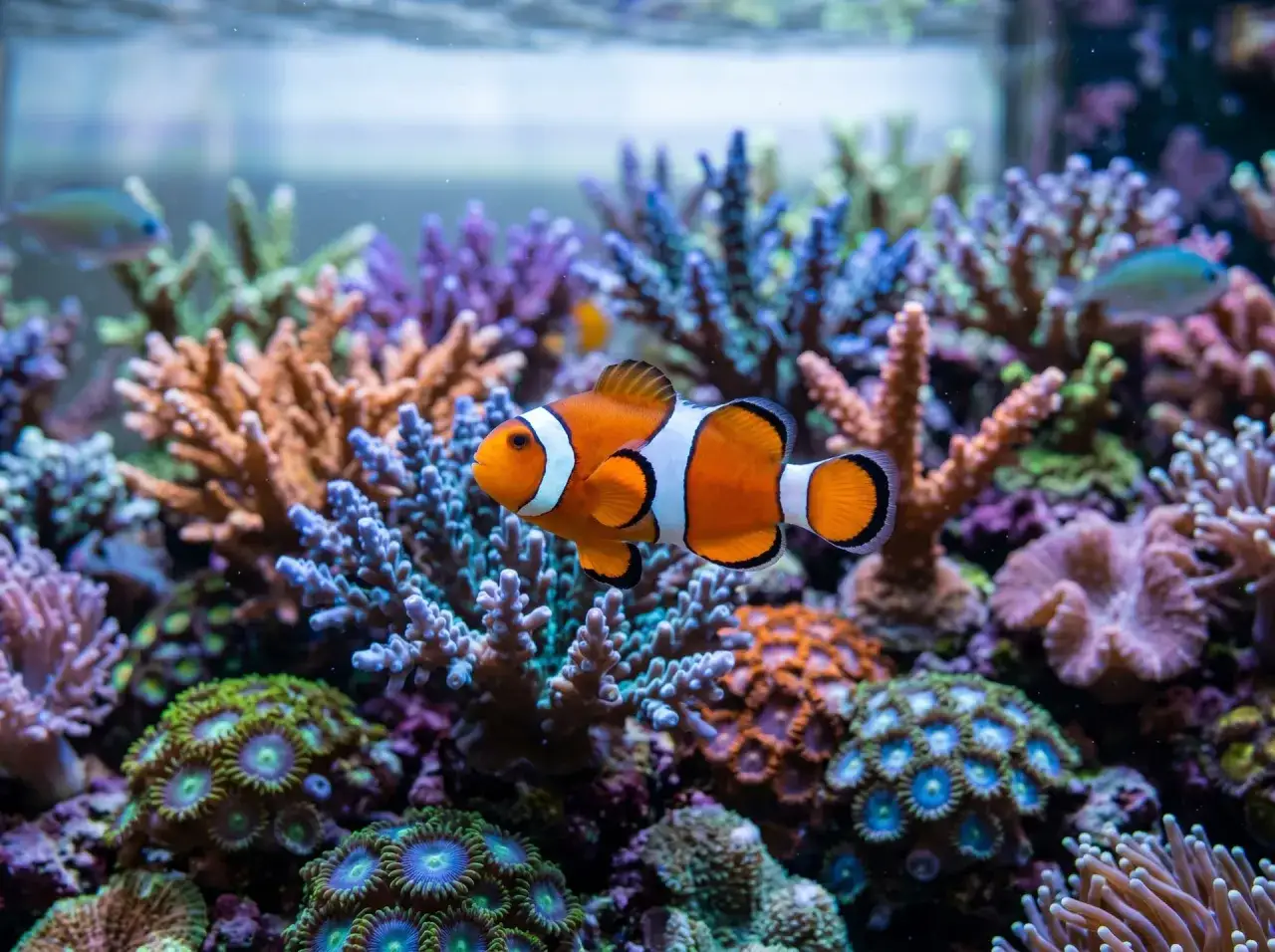 Pomarańczowa ryba Nemo pływa wśród kolorowych koralowców.