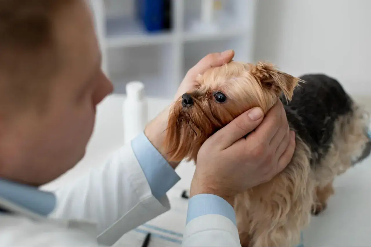Wet nose, sad eyes – weterynarz bada yorka z objawami kataru.