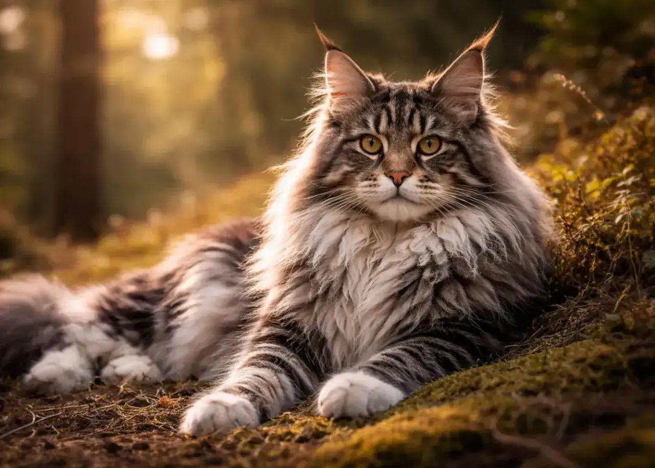 Majkun, majestatyczny kot rasy Maine Coon, odpoczywa w jesiennym lesie, otoczony złotym światłem.